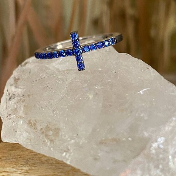 Blue Sapphire Cz Sterling Silver Sideways Cross Ring Size 7 - Picture 10 of 14